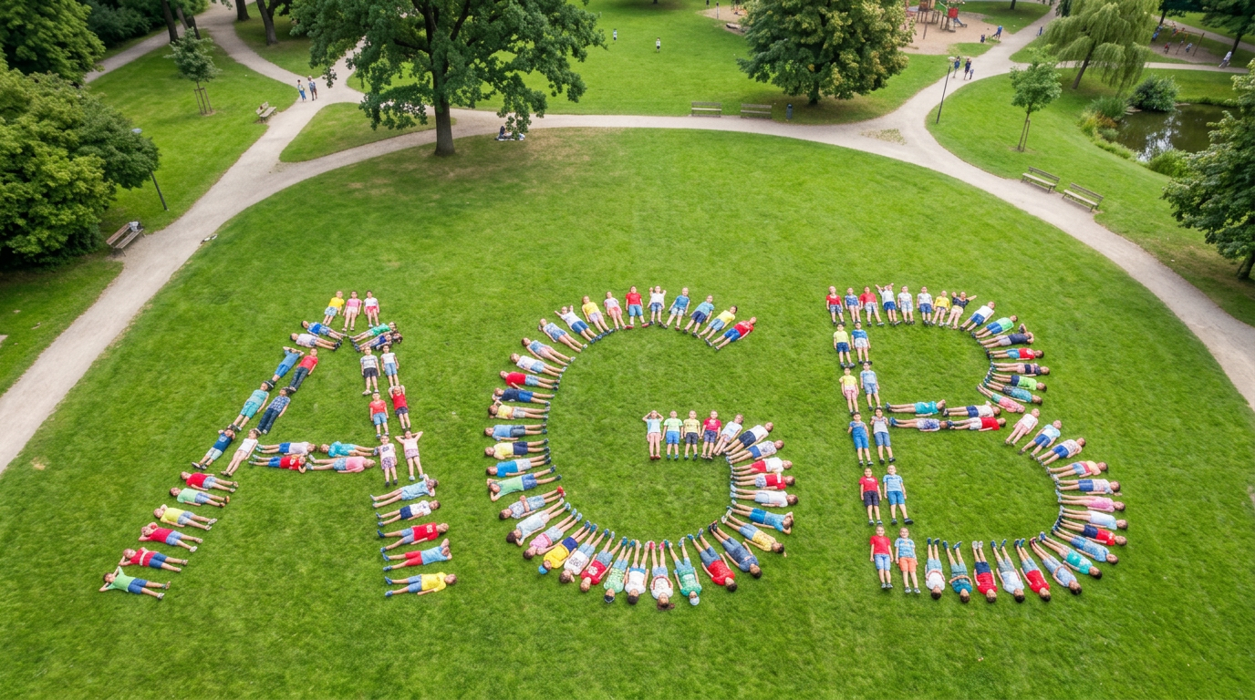 Persone nel parco che formano le lettere AGB sul prato